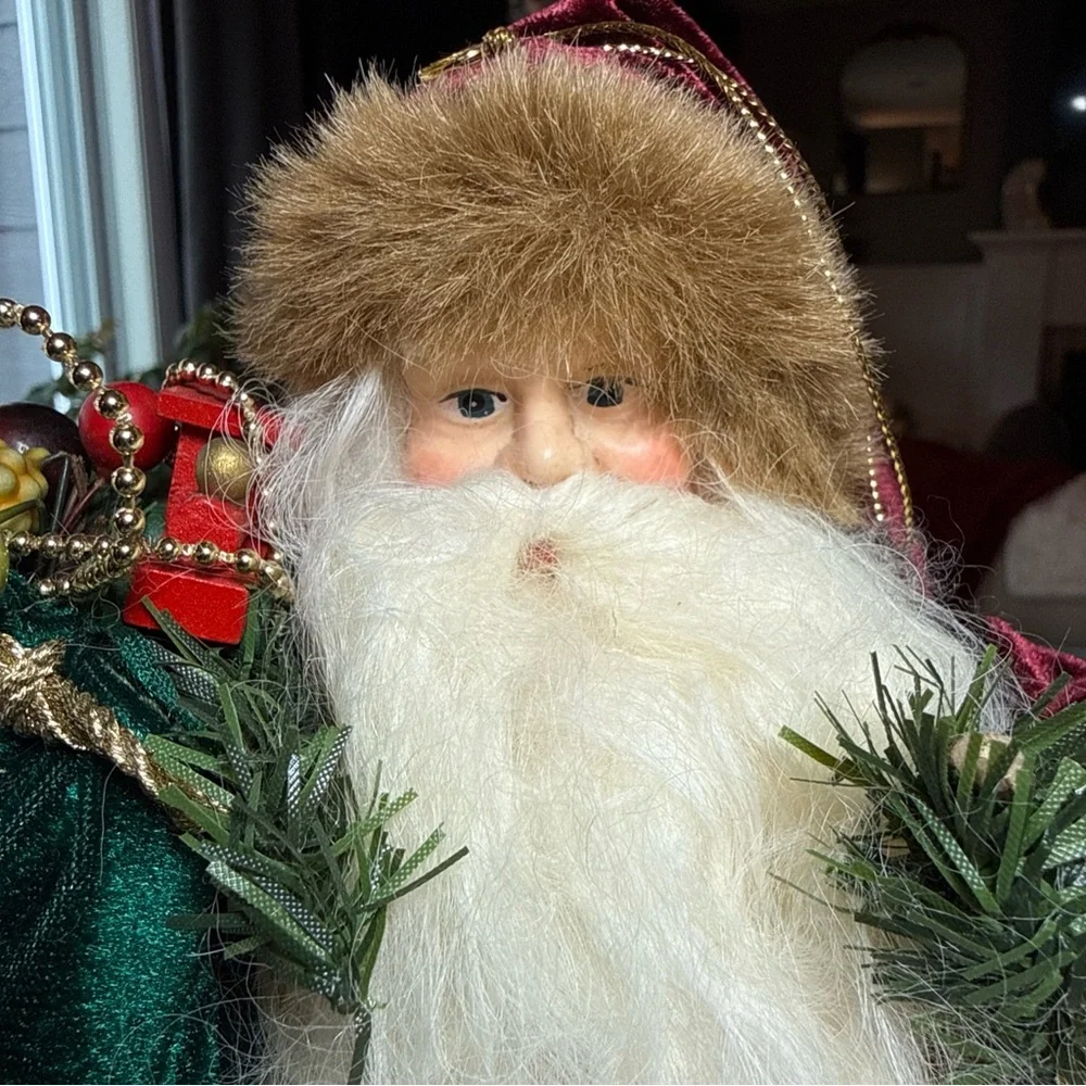 Santa Clause Christmas Ornament Or He Stands 7” Fur Cape Coat Bag Toy Gifts Hang